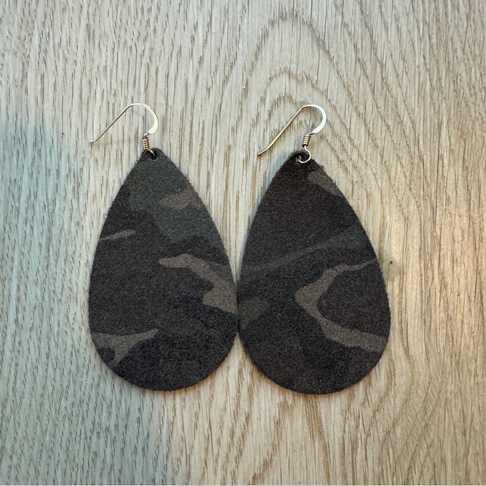 Nickel & Suede Camo Teardrop Leather Earrings